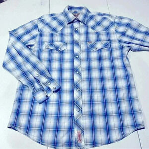 Rafter C Pearl Snap Button Up‎ Shirt Adut Large Blue Plaid Cowboy Western Blue